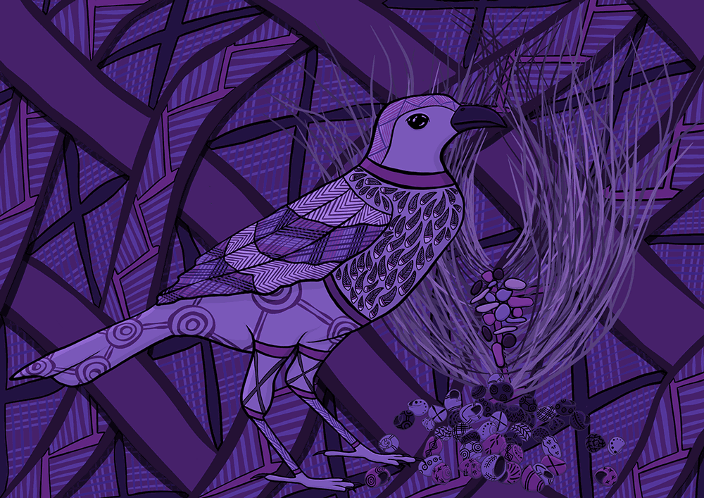 Artwork by Trent Lee of a stylised bower bird