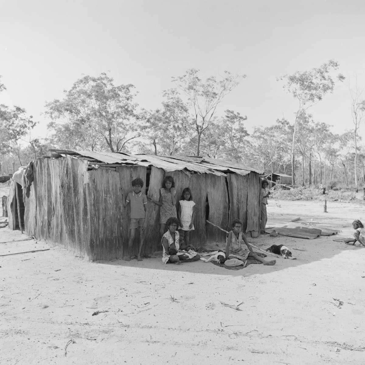 Women-children-in-shade-bark-shelter_A8739-A7-10-75-27_1200 Two women are seated in the shade of a bark shelter. Four children stand behind them, a fifth crouches nearby, and a sixth is breastfeeding. Two does lie next to them.